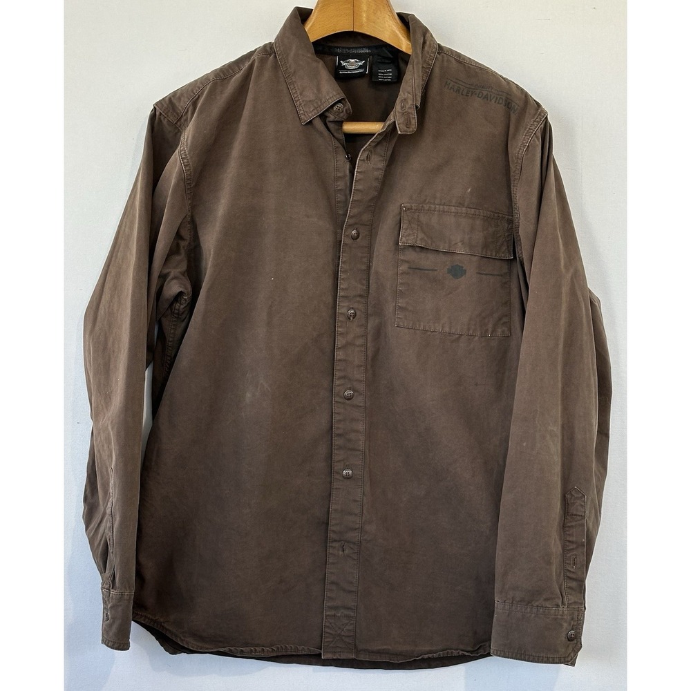 Harley Davidson Heavy Duty Shirt Motorcycle Grunge Brown Size XL Men's